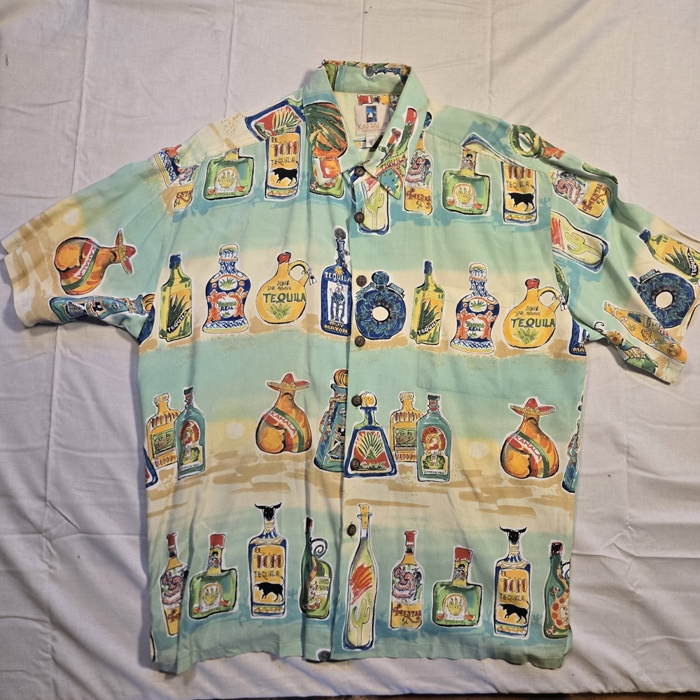Kahala Men's 100% Rayon Large Button Down Green Tequila Bottles, Hawaiian